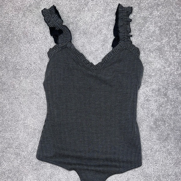 Pink Lily Gray Ribbed Ruffle Bodysuit - Picture 4 of 4